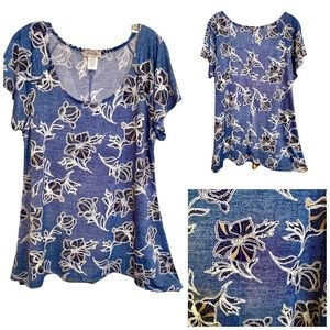 Brittany Black Floral Blue White Stitch Gray Blouse Handkerchief Hem~ Sz XL- EUC